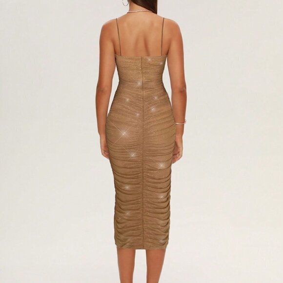 Brown Preppy Womens Folds Women Dress Birthday Party Sleeveless Mesh Long Dresse - Picture 3 of 5